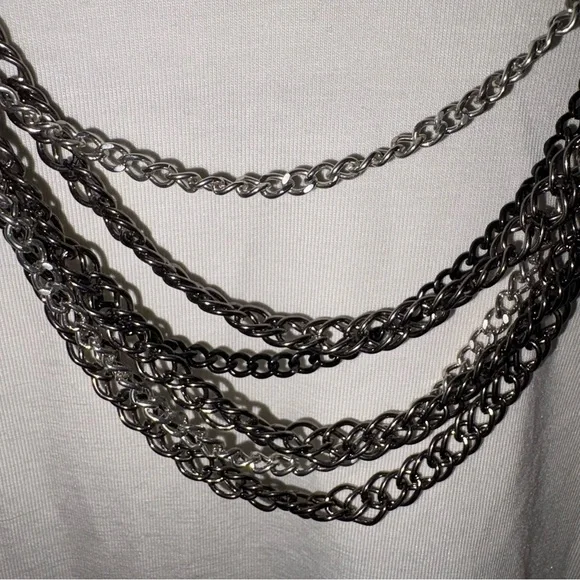 2 piece Silver, Black and Gunmetal Multi-Layered Necklace with Cascading Chains - Picture 2 of 3
